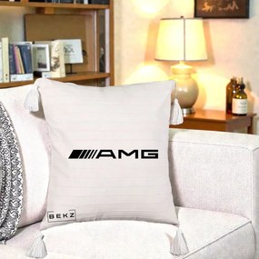 Perna Personalizata cu emblema Mercedes-AMG, 40x40 cm, Bej cu Franjuri, Husa Detasabila, Perna Inclusa, BEKZ®