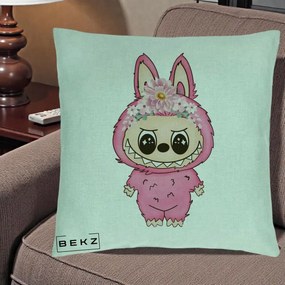 Perna Personalizata Labubu Roz cu Coroana Florala, 40x40 cm, Verde Menta, Husa Detasabila, Perna Inclusa, BEKZ®