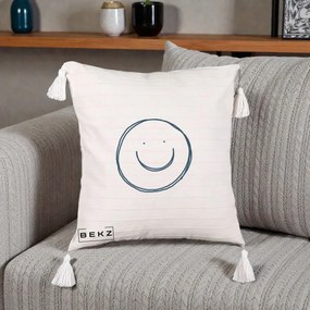 Perna Decorativa Smile Desen Minimalist, 40x40 cm, Bej cu Franjuri, Husa Detasabila, Perna Inclusa, BEKZ®