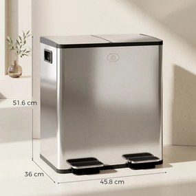 HOMCOM Coș de Gunoi cu 2 Compartimente de 20L cu Pedală, Coș de Gunoi cu 2 Capace Silențioase, 45,8x36x51,6 cm, Argintiu | Aosom Romania
