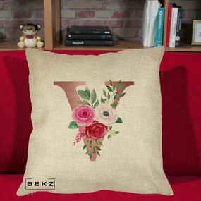 Cadou Personalizat - Perna Personalizata Monograma Rose Gold Litera V, 40x40 cm, Crem, Husa Detasabila, Perna Inclusa, BEKZ®