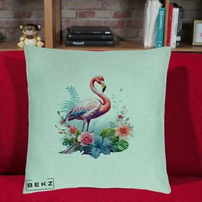 Perna Decorativa Flamingo cu Flori Tropicale Acuarela, 40x40 cm, Verde Menta, Husa Detasabila, Perna Inclusa, BEKZ®