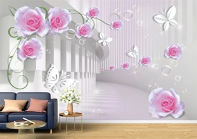 Tapet Premium Canvas - Trandafirii roz fluturii si tunelul 3d abstract