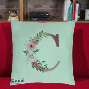 Cadou Personalizat - Perna Personalizata Monograma Rose Gold Litera C, 40x40 cm, Verde Menta, Husa Detasabila, Perna Inclusa, BEKZ®