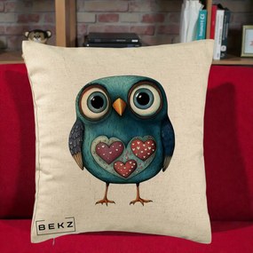 Perna Decorativa Bufnita Teal cu Doua Inimi, 40x40 cm, Bej, Husa Detasabila, Perna Inclusa, BEKZ®