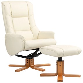 HOMCOM Fotoliu de Relaxare cu Taburet, Funcție de Culcare, Piele Ecologică, până la 150 kg, 71 x 84 x 102 cm, Crem | Aosom Romania