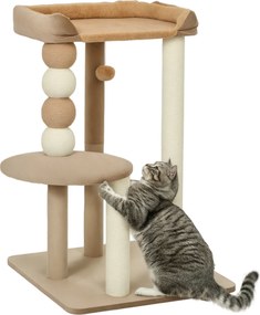 PawHut Pom de zgârieturi cu 2 etaje, minge de joc, stâlpi de zgârieturi, bile de zgârieturi, până la 7 kg, 56 x 54 x 86 cm, Maro | Aosom Romania