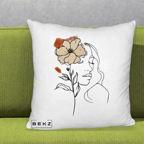 Perna Decorativa Portret Feminin Floare Bej Terracotta, 40x40 cm, Alb Pufos, Husa Detasabila, Perna Inclusa, BEKZ®