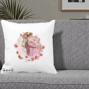 Perna Decorativa Femeie cu Flori Roz Acuarela, 40x40 cm, Alba Mata, Husa Detasabila, Perna Inclusa, BEKZ®