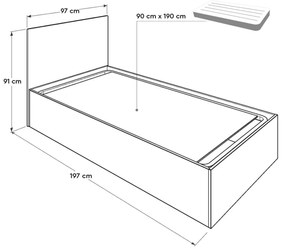 Pat de o persoană 90 cm Kalabora (cu somieră) (cu sp. depozitare) (alb). 1108497