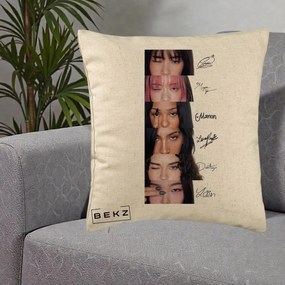 Perna Personalizata K-pop KATSEYE Semnaturi fara Foto, 40x40 cm, Bej, Husa Detasabila, Perna Inclusa, BEKZ®