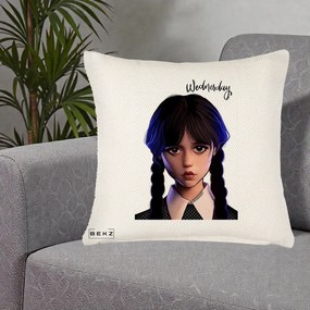 Perna Personalizata Wednesday Addams Portret Realist, 40x40 cm, Crem Reliefat, Husa Detasabila, Perna Inclusa, BEKZ®
