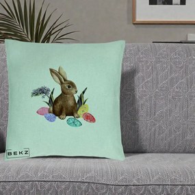 Perna Decorativa Iepuras cu Oua de Pasti Acuarela, 40x40 cm, Verde Menta, Husa Detasabila, Perna Inclusa, BEKZ®