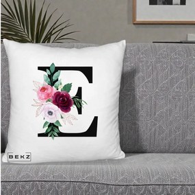 Cadou Personalizat - Perna Personalizata Monograma Florala Litera E, 40x40 cm, Alb Pufos, Husa Detasabila, Perna Inclusa, BEKZ®