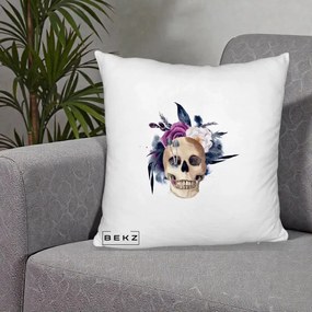 Perna Decorativa Craniu Floral cu Trandafiri si Ciuperci, 40x40 cm, Alb Pufos, Husa Detasabila, Perna Inclusa, BEKZ®