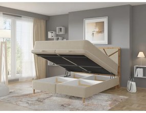 Pat tapițat NAOMI 180x200 cm, cu saltele incluse și spațiu de depozitare, bej