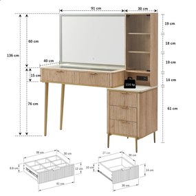 Masuta machiaj cu Oglinda LED si 5 Sertare pentru Cosmetice, Set Masa toaleta 122 cm, Alb, Antracit sau Culoarea Stejar, masuta cosmetica, vanity -