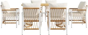 Set modern de mobilier de grădină, 7 piese, cadru alb din fier cu cotiere împletite, 1 masă+6 scaune, Bej+Culoare naturală
