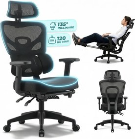 Scaun ergonomic, Suport Lombar 3 Zone Dinamice, Spătar ajustabil pe inaltime, cotiere 3D, tetiera 3D, suport pentru picioare, umeras, pivotant, Mesh, Negru
