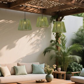 Lampa suspendată de exterior neagră cu abajururi din sfoară verde 3 lumini IP44 - Cava Jayla