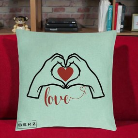 Perna Decorativa Love Maini Inima cu Inscriptie Love Rosu, 40x40 cm, Verde Menta, Husa Detasabila, Perna Inclusa, BEKZ®