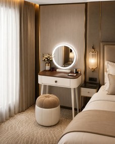 Set LUMIÈRE – Masă de Machiaj cu Oglindă iluminată LED, Control Touch, Taburet, Alb, 60x40x77 cm