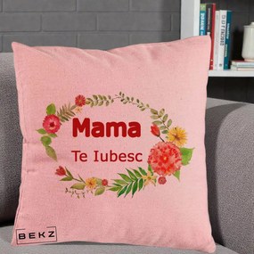 Cadou pentru Mama - Perna Personalizata Mama Te Iubesc Flori Rosii, 40x40 cm, Roz, Husa Detasabila, Perna Inclusa, BEKZ®