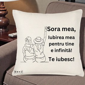 Cadou pentru Sora - Perna Personalizata Sora Mea Te Iubesc Line Art Portrete Colorate, 40x40 cm, Crem Reliefat, Husa Detasabila, Perna Inclusa, BEKZ®