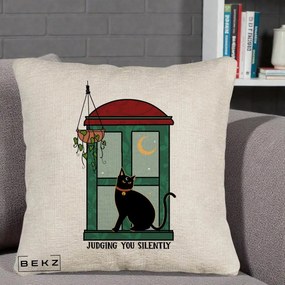 Perna Decorativa Judging You Silently Pisica Geam, 40x40 cm, Bej Canapea, Husa Detasabila, Perna Inclusa, BEKZ®