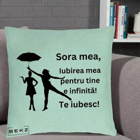 Cadou pentru Sora - Perna Personalizata Sora Mea Te Iubesc Siluete Negre cu Umbrela, 40x40 cm, Verde Menta, Husa Detasabila, Perna Inclusa, BEKZ®