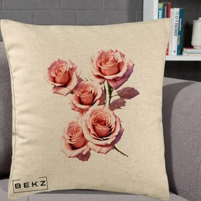 Perna Decorativa Trandafiri Roz Pastel Acuarela, 40x40 cm, Bej, Husa Detasabila, Perna Inclusa, BEKZ®