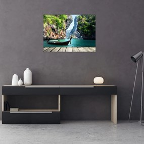 Tablou pe sticlă - Apă peisaj mediteranean cu barca (70x50 cm)
