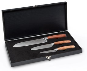 Kishiko, set de cuțite, oțel de damasc, 3 bucăți, foarte ascuțite, mânere din lemn de trandafir