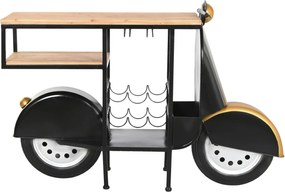 Bar decorativ din metal, negru, formă de scuter cu blat din lemn și suport pentru sticle și pahare, finisaj vopsit, 92 x 134 x 36 cm, „Menton”