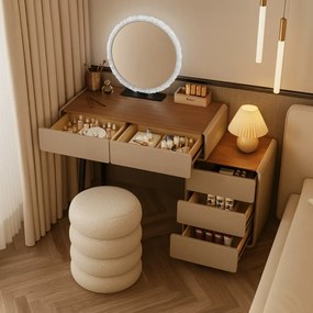 Set EMILY, Masă de toaletă pentru machiaj cu oglindă iluminată LED, în trei culori, intensitate reglabilă, control touch, comoda, taburet, 80 cm, Gri