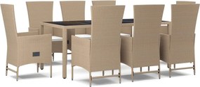 vidaXL Set de masă pentru grădină, 9 piese, cu perne, bej, poliratan