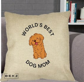 Cadou pentru Iubitorii de Caini - Perna Personalizata World's Best Dog Mom, 40x40 cm, Crem, Husa Detasabila, Perna Inclusa, BEKZ®