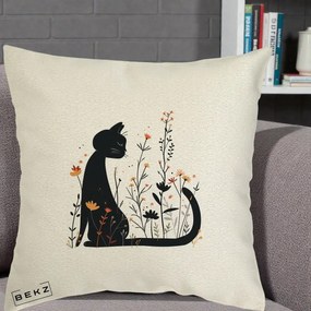 Perna Decorativa Pisica Neagra Flori Portocalii Silueta, 40x40 cm, Ecru, Husa Detasabila, Perna Inclusa, BEKZ®