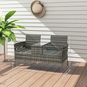 Outsunny Bancă de Grădină cu 2 Locuri din Rattan și Oțel, Bancă de Exterior cu Perne și Măsuță Centrală cu Blat din Sticlă Securizată, 135x64x81 cm, Gri Închis | Aosom Romania