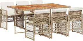 vidaXL Set de masă pentru grădină, 7 piese, cu perne, bej, poliratan