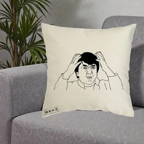 Perna Decorativa Jackie Chan WTF, 40x40 cm, Ecru, Husa Detasabila, Perna Inclusa, BEKZ®