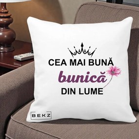 Cadou pentru Bunica - Perna Personalizata Cea Mai Buna Bunica Din Lume Coroana Mov Floare Roz, 40x40 cm, Alba Mata, Husa Detasabila, Perna Inclusa, BEKZ®