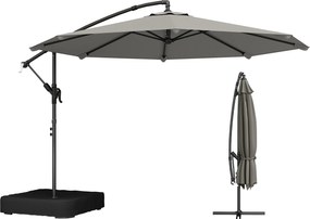 Outsunny Parasol cu braț lateral pentru grădină 300 cm cu bază în cruce, sac de nisip, parasol tip banană rotativ 360°, gri | Aosom Romania