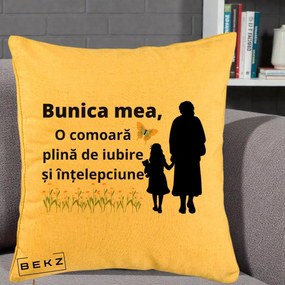 Cadou pentru Bunica - Perna Personalizata Bunica Mea Comoara Iubire Intelepciune Varianta Extinsa, 40x40 cm, Galben, Husa Detasabila, Perna Inclusa, BEKZ®