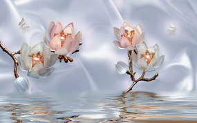 Fototapet 3D, Flori delicate in reflexia apei pe fundalul albastru Art.05323