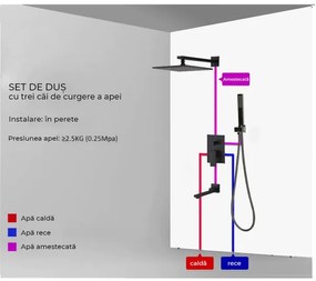 Set dus negru mat cu para patrata 25 cm, 3 functii de curgere a apei