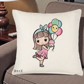 Perna Decorativa Fetita Kawaii cu Baloane si Cupcake, 40x40 cm, Crem Reliefat, Husa Detasabila, Perna Inclusa, BEKZ®