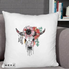 Perna Decorativa Craniu Boho Floral, 40x40 cm, Alb Pufos, Husa Detasabila, Perna Inclusa, BEKZ®