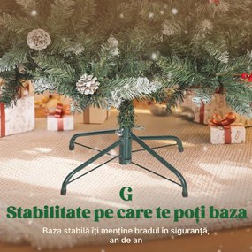 HOMCOM Brad de Crăciun Înalt Înzăpezit 180 cm cu 620 de Ramuri, Brad Artificial de Interior cu Conuri și Boabe Roșii Decorative, Bază din Metal, Verde | Aosom Romania