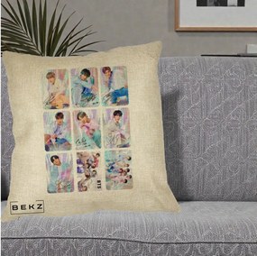 Perna Personalizata K-pop BTS Colaj 9 Fotografii Autografe Individual, 40x40 cm, Crem, Husa Detasabila, Perna Inclusa, BEKZ®